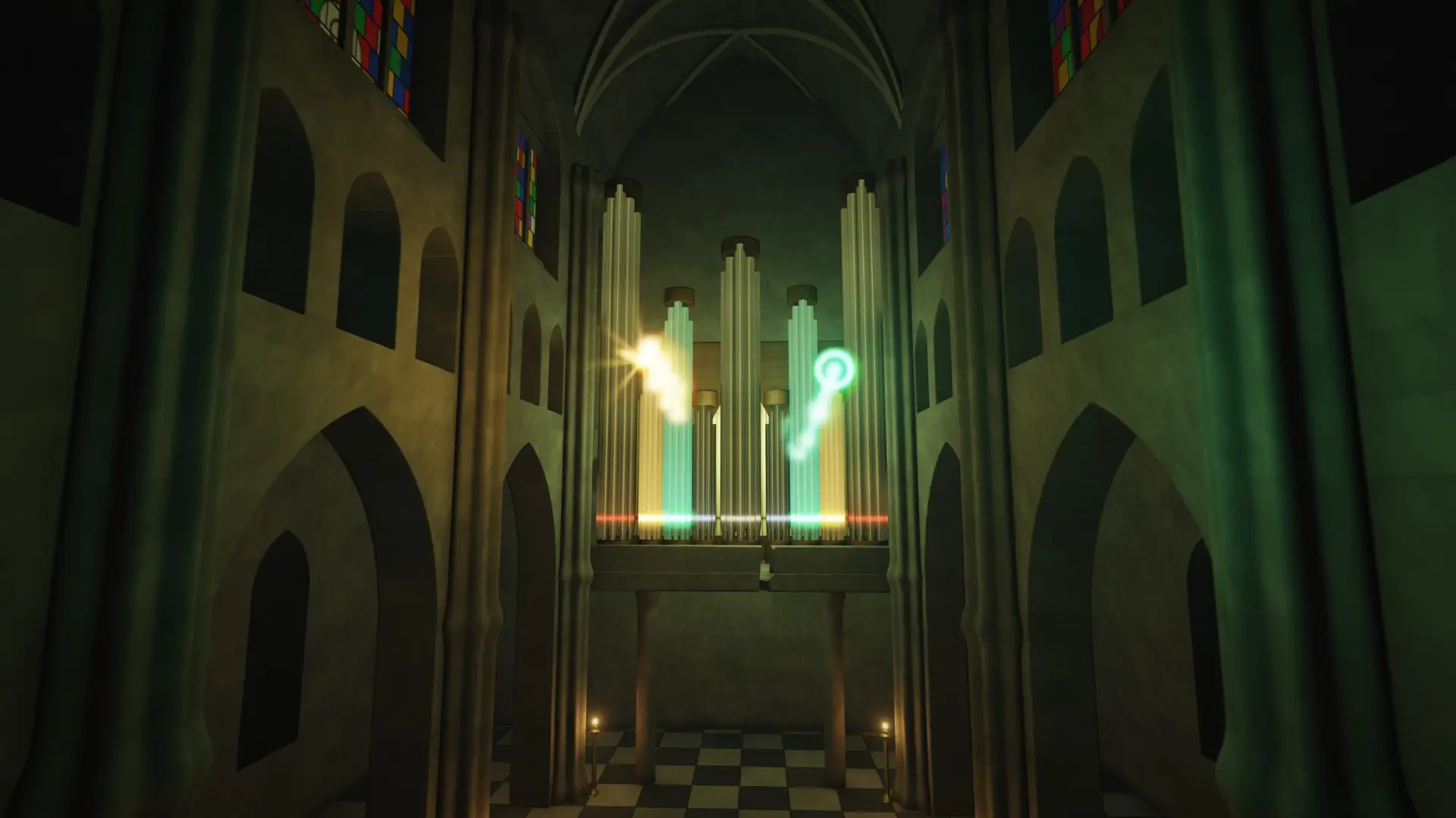Two ribbons of light in front of the organ pipes