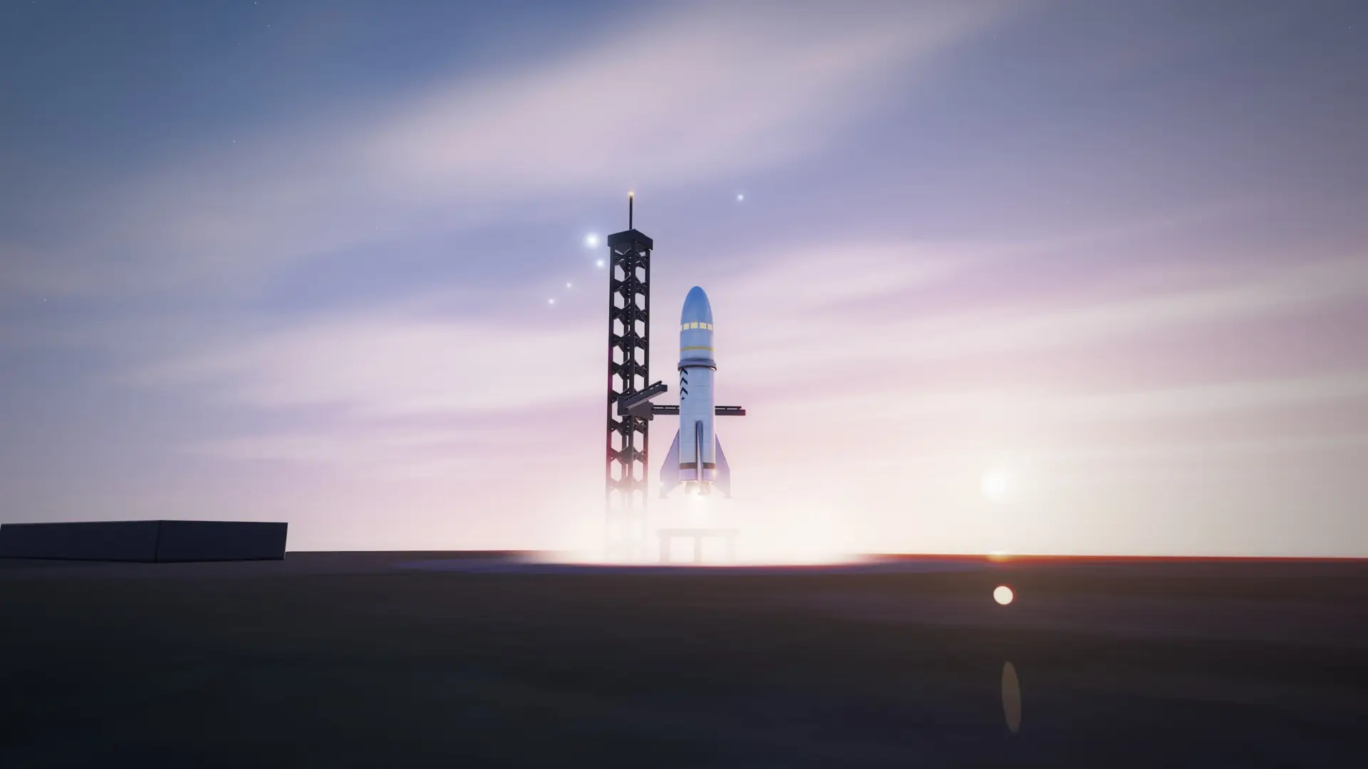 The rocket at the tower at dawn