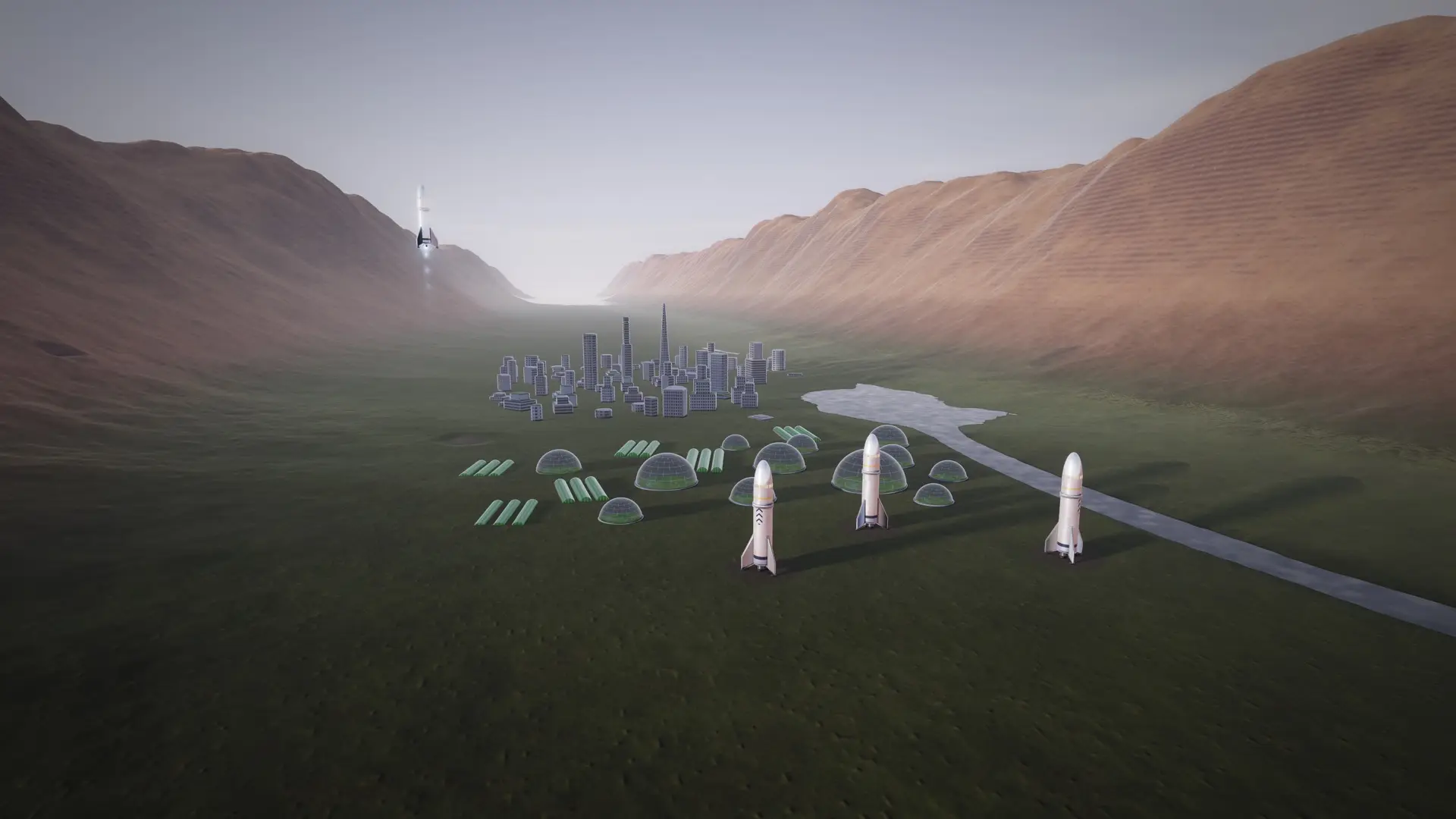 Ships landed in a green valley on Mars